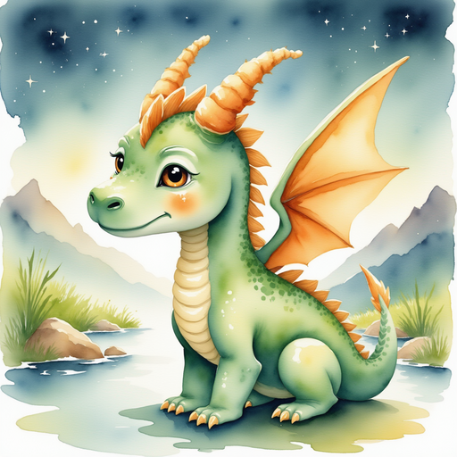 Ember Flare stands at the riverbank, wings slightly drooped, gazing at the silent water below. In the background glimmer distant starlit mountains