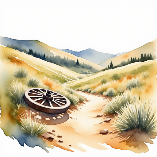A half-buried wagon wheel lies near the trail, slightly tilted in the dirt. In the background, rolling hills with sparse shrubs