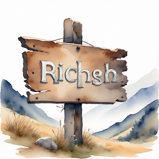 A battered wooden sign with faded silver letters perched crookedly on a thick post. In the background, shadowy mountains loom through the mist