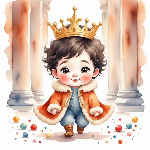 Show King Doodle Bum wearing a crown of swirling chocolate chips as he walks through a corridor lined with gumdrop jewels. In the background, tall marshmallow columns stand on either side of the corridor
