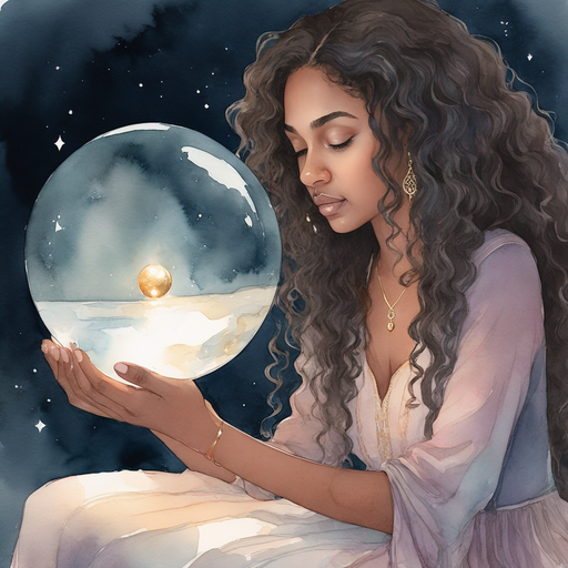 Ahgaddes long curly hair pinned looking down holding Mysterious crystal ball swirling with ominous images in a moonlit room