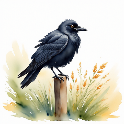 A crow perched on a fence post, ruffling its glossy feathers. In the background, a gentle gust moves the farm crops.