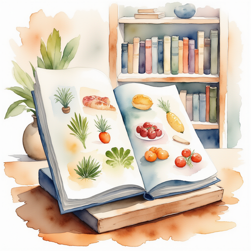 An open cookbook resting on a wooden stand, displaying colorful pictures. In the background, a tall shelf is stacked with more books