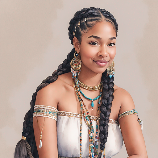 Ahgaddes discouraged wearing long tribal braid with beads is wearing a tribal off the shoulder dress