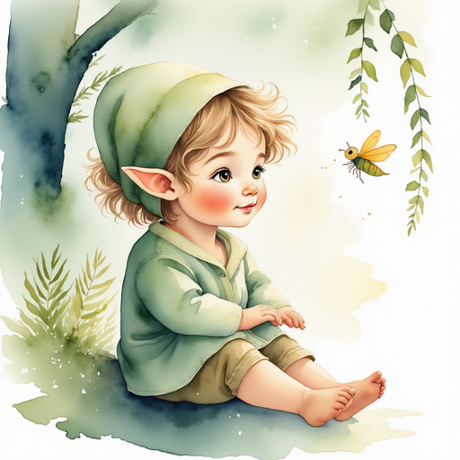 The new elf brother watches a firefly with wide eyes. In the background, leaves dangle from bending branches.