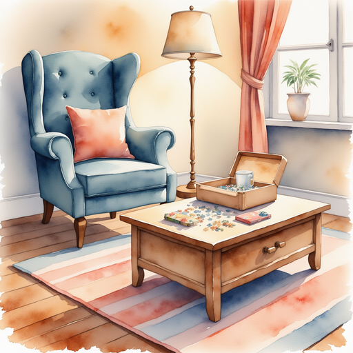 A lonely, open puzzle box sits on a small wooden table. In the background, a striped rug lies on the floor, just beside a tall lamp.