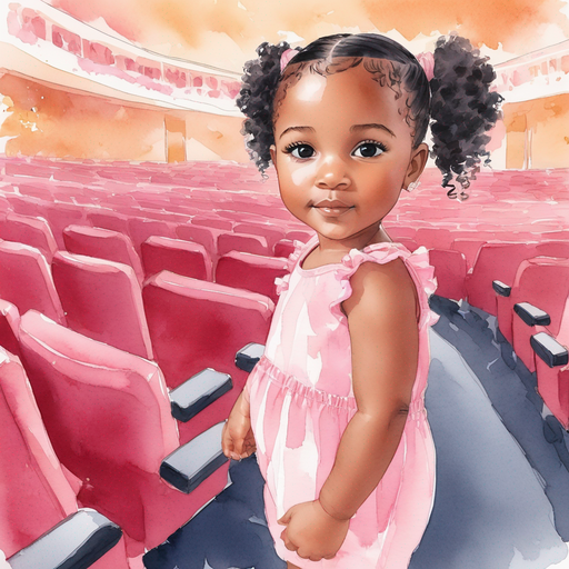 Aset wearing curly shoulder length ponytails and barrettes wearing a pink romper standing in movie theater auditorium with movie rows of chairs