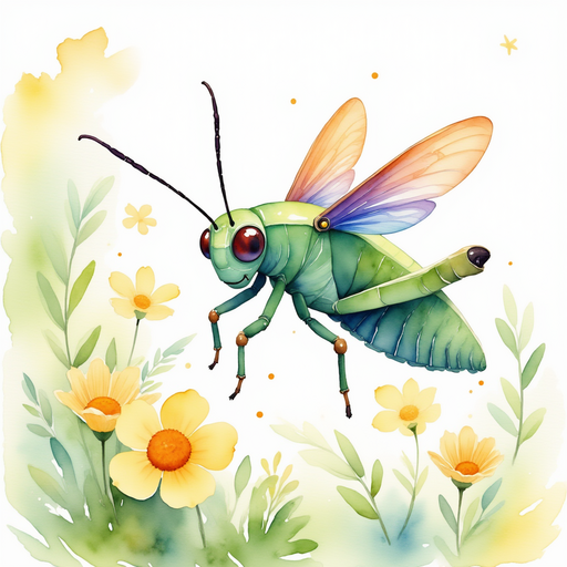Buzzywhirl flutters above a patch of yellow flowers, antennae twitching with excitement. In the background, faint glimmers of sunlight peek through leafy branches.