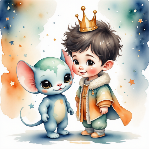 Zibloo stands beside the king, wearing a supportive smile. In the background, paintings of stars and planets on the walls