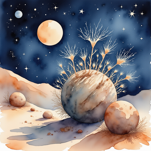 Feature a gnarled tumbleweed caught against a boulder, its spindly branches illuminated by moonlight. In the background, the desert floor shimmers with scattered pebbles.
