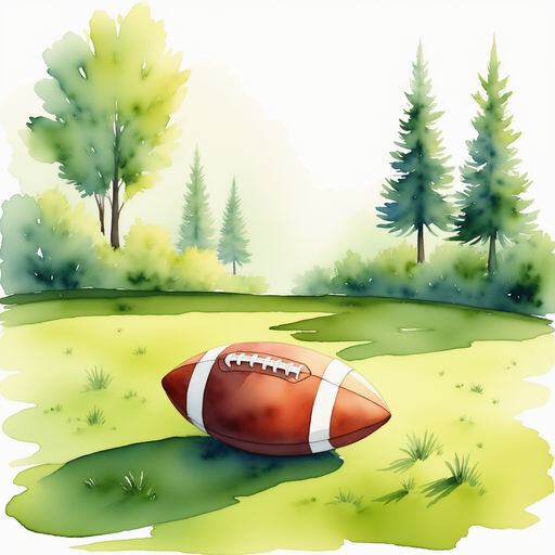 A freshly polished football lying on the bright green field. In the background, a cluster of tall trees sways in a gentle breeze.
