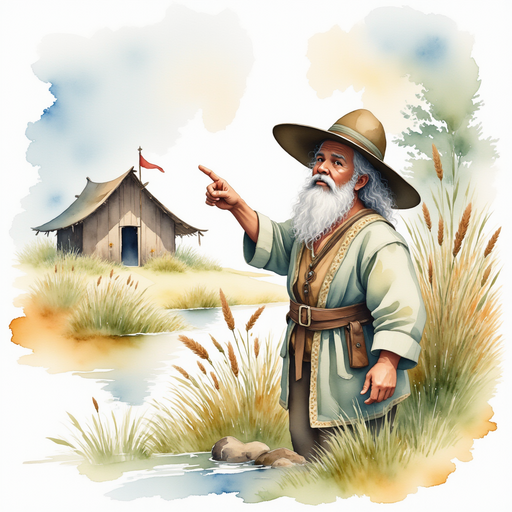 Depict Storm Sage pointing to the sky as he explains weather patterns. In the background, breeze gently swaying tall reeds near the hut