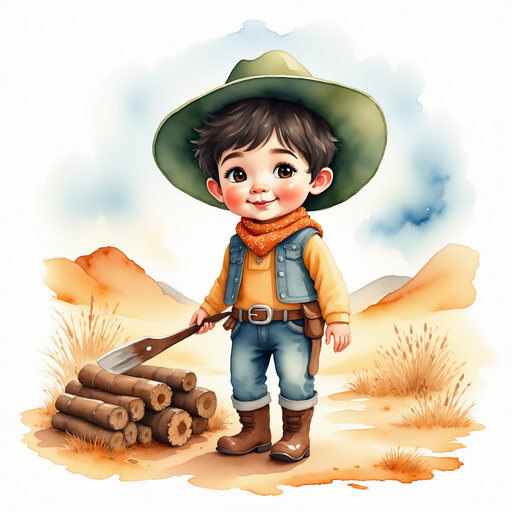 Cactus Cody gathers firewood. In the background, gentle hills roll away.