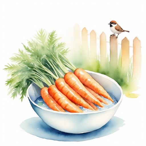 A bundle of bright carrots lying in a shallow bowl of water. In the background, a small bird peeks from a fence.