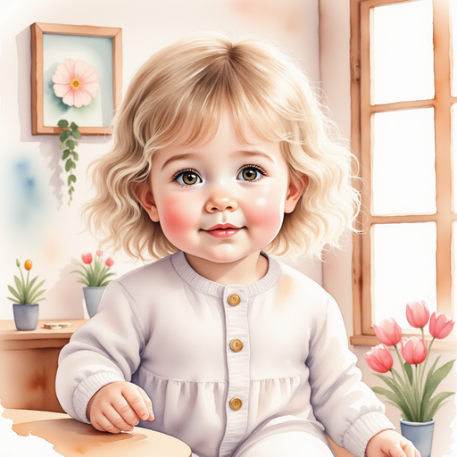 Anna, the little girl, sitting inside her dollhouse home, with her curious eyes peeking out a window. In the background, miniature furniture fills the dollhouse.