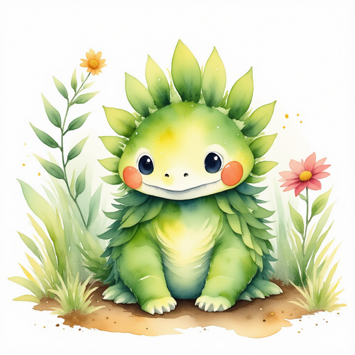 Blossom Sprout kneels by a small patch of flowers. In the background, tall grass bends softly.