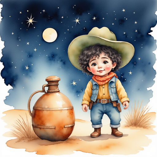 A worn canteen resting atop the sand, with a cracked lid. In the background, a tall cactus stands under the night sky