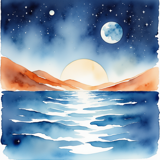 A glimmering pool of water, its surface reflecting moonlight. In the background, desert dunes stretch toward the horizon