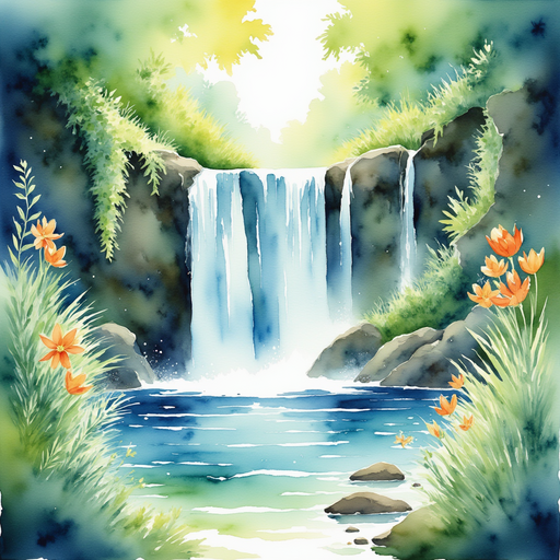 The musical waterfall cascading into a pristine pool, surrounded by dancing, ethereal water sprites. lush, green foliage