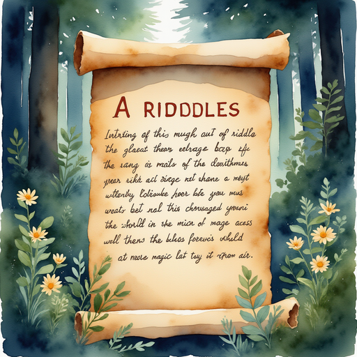 Illustrate an intriguing, ancient scroll unfurled, containing a riddle written in glowing letters. A section of enchanted forest where ancient magic seems to linger in the air.
