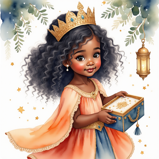 Queen Neena lifts the lid of the magical box, glitter floating around her. In the background, there is a softly glowing lantern hanging from a wooden post.