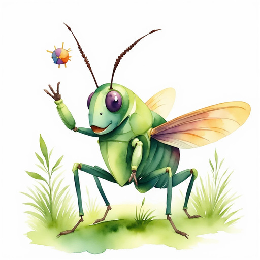 Show Buzzywhirl examining a tiny, tinkering gadget with a grin. In the background grows a patch of bright green grass.