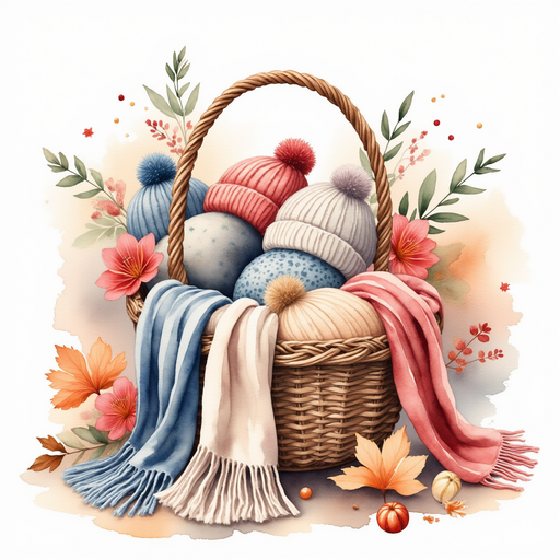 A toppled basket stuffed with cozy scarves and hats In the background are more baskets piled high