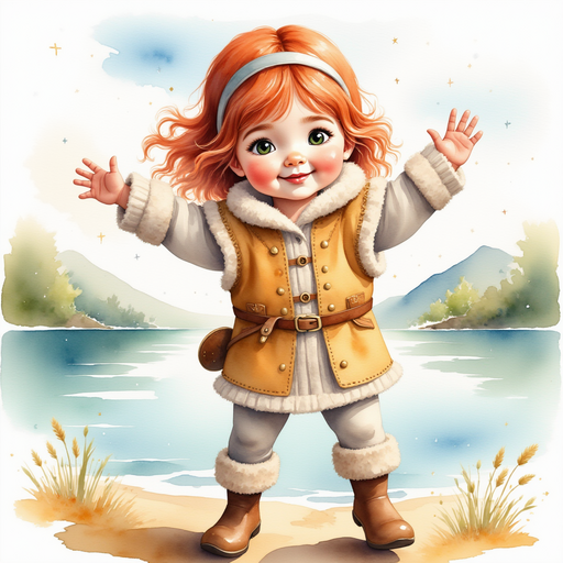 Bolda the Bright happily stretching her arms near the water’s edge. In the background, bright sunshine sparkles on the gentle fjord.
