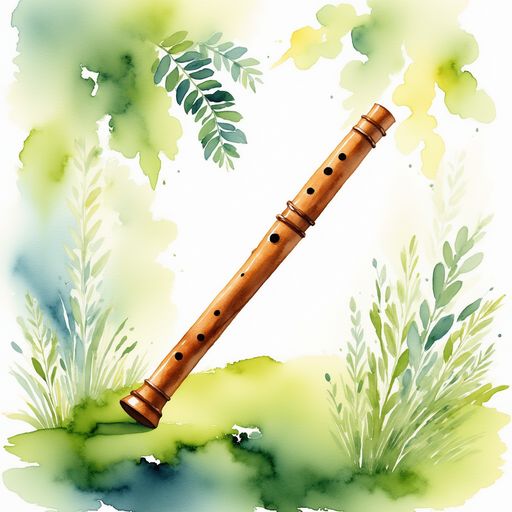 A delicate wooden flute balanced on lush green moss. In the background, a cluster of bright, spiraling tree roots.