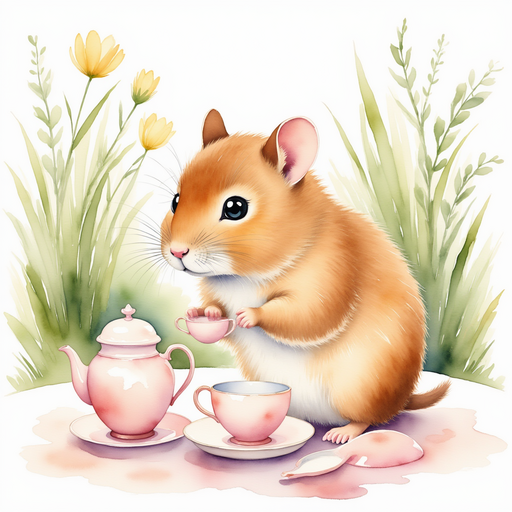 Matilda carefully arranges her best china tea set on a garden table. In the background, the lush greenery of the meadow creates a serene setting.