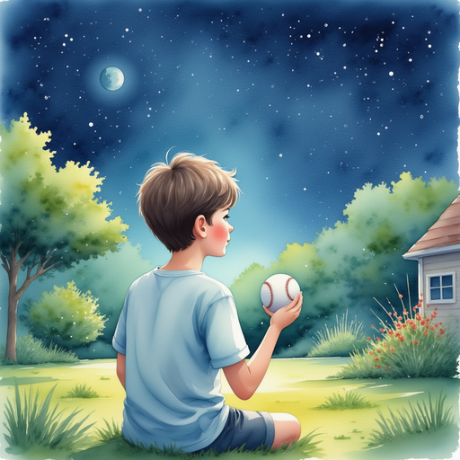 Lee sitting in his backyard, looking at the stars with a baseball in his hand.