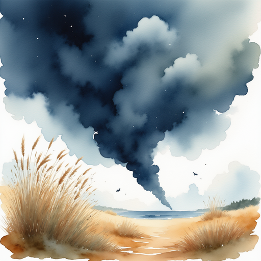 Depict ominous dark clouds swirling in the sky, forming a funnel shape. In the background, tall grass bending in the strong wind
