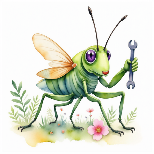 Buzzywhirl holds a tiny wrench, adjusting a broken compass with his antennae quivering. In the background, bold leaves shimmer in the breeze.