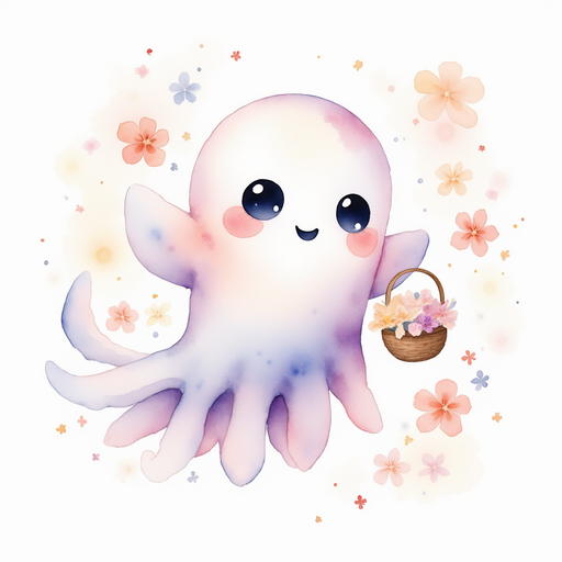 Glimmer Puff floats with a basket, smiling at the breeze. In the background are colorful blossoms