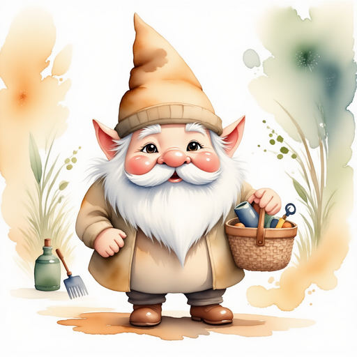 Harriet gathering supplies in a woven basket, preparing for an adventure. In the background, stacks of sturdy bags and garden tools ready for their journey.