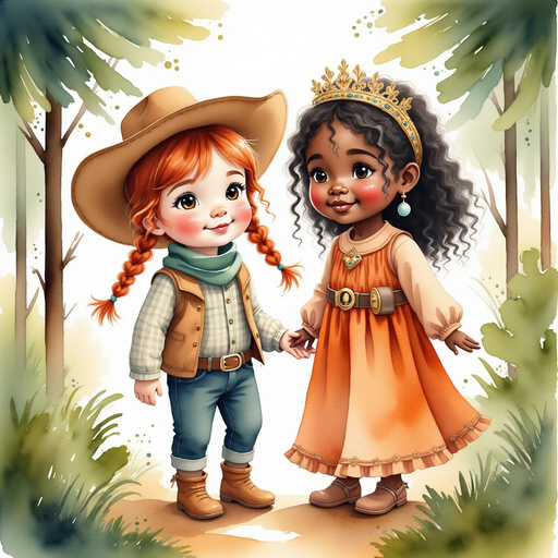 Calamity Kate and Queen Neena stand at the edge of a dense forest, peering into the shade. In the background, tall pine trees and tangled vines.