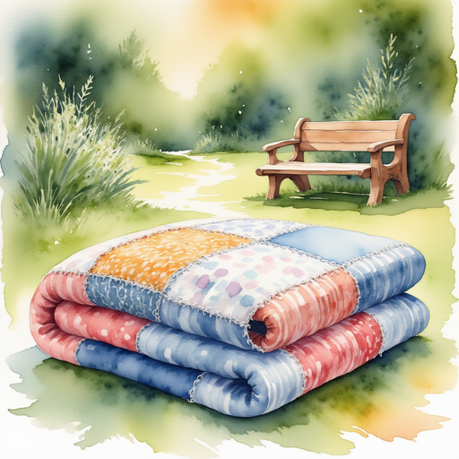 A close-up of a cozy patchwork blanket, folded neatly, no one else in view. In the background, the wooden bench in the garden.