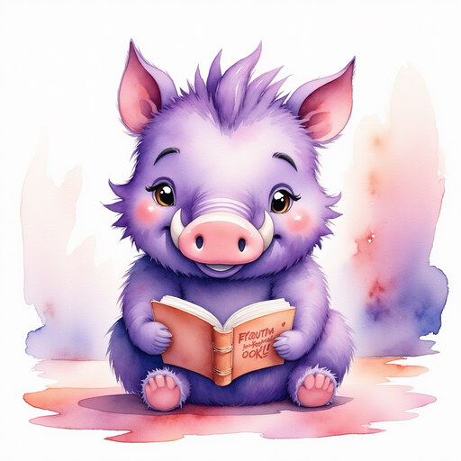 Brutus reading a worn joke book with a big grin. In the background a soft rug by the fireplace.
