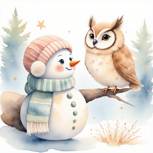 Frostyline Fable listens to Wise Owl perched on a thick branch. In the background, a gentle wind rustles the treetops.