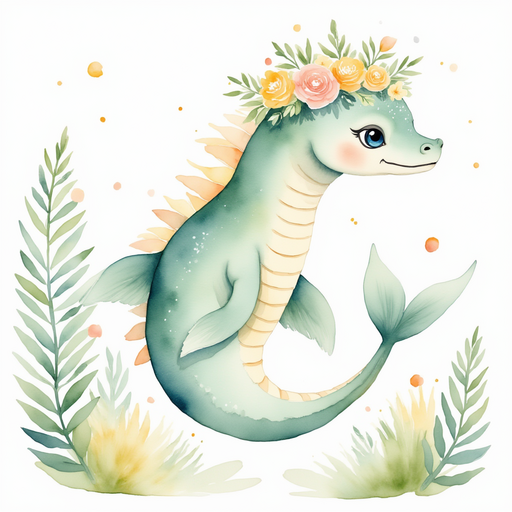 Nessie Sparkles slides gracefully beside the path, neck craned forward. In the background, lush ferns sway in a gentle breeze.