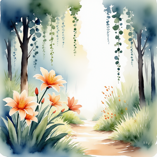 A glowing flower near the path In the background, slender vines hang.