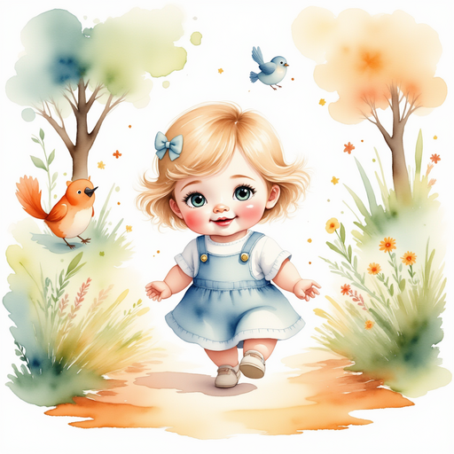 Rose is toddling down a changing colored path, surrounded by cheerful woodland creatures. Vibrant trees and bushes filled with chirping birds and tiny animals.
