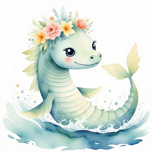 Nessie glides in front, stirring up foamy waves. In the background, swirling currents