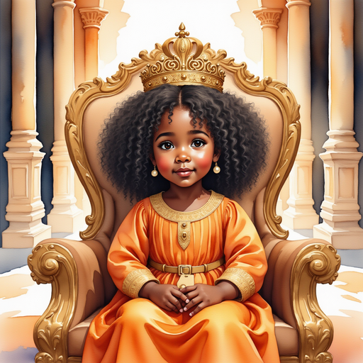 Queen Neena sits on her grand throne, her face lit with wonder as the sunlight streams onto her golden crown. In the background, tall palace columns.