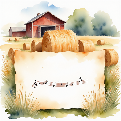 A crumpled paper with a simple melody drawn on it In the background, hay bales stacked against a barn wall