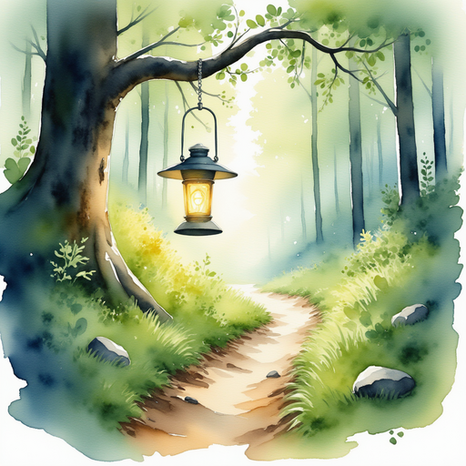 A glowing lantern dangles from a twisting vine, illuminating the forest path. In the background, mossy stones line the winding trail.