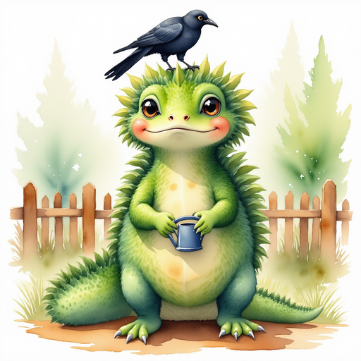 Blossom Sprout stands below the crow, holding a watering can and smiling calmly. In the background, a wooden fence lines the farmyard.