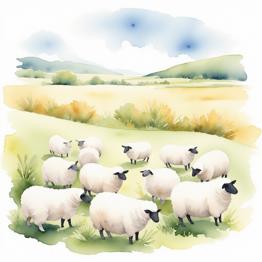 Snowy sheep graze peacefully, their wool shimmering under the sunlight. In the background, rolling fields under a partly cloudy sky.