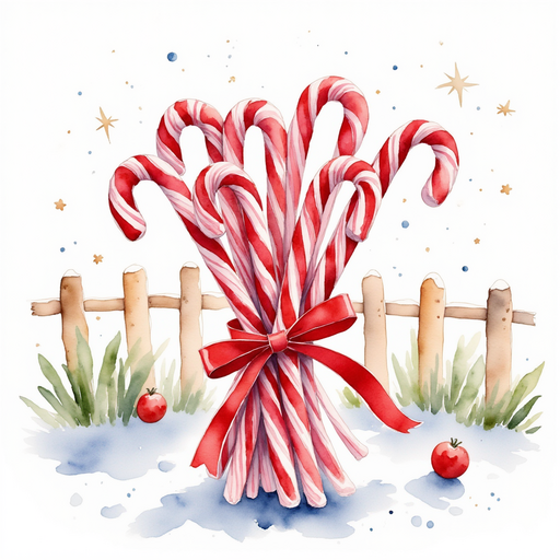A bundle of candy canes tied with a bright red ribbon. snowy fence