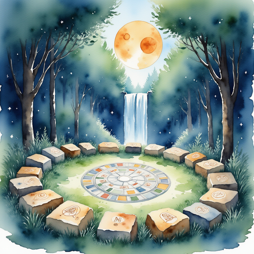 A circle of stones, each inscribed with ancient runes. In the background, a grove bathed in moonlight like a shimmering waterfall.